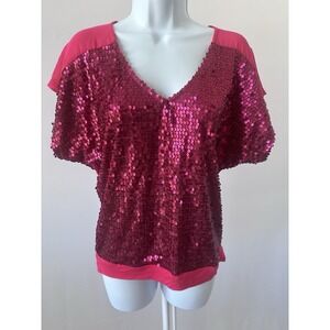 NWT IMAN XS Hot Pink Fuchsia Sequin Jersey Knit Top (b38) Night Out Disco